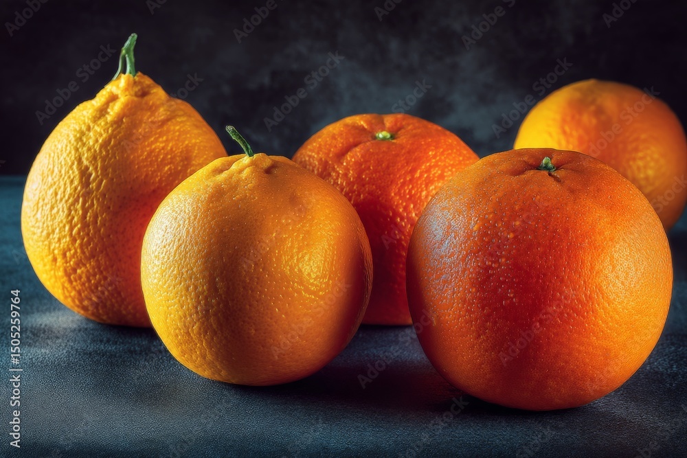 Poster Fresh oranges arranged on a dark surface with soft lighting highlighting their texture and vibrant color