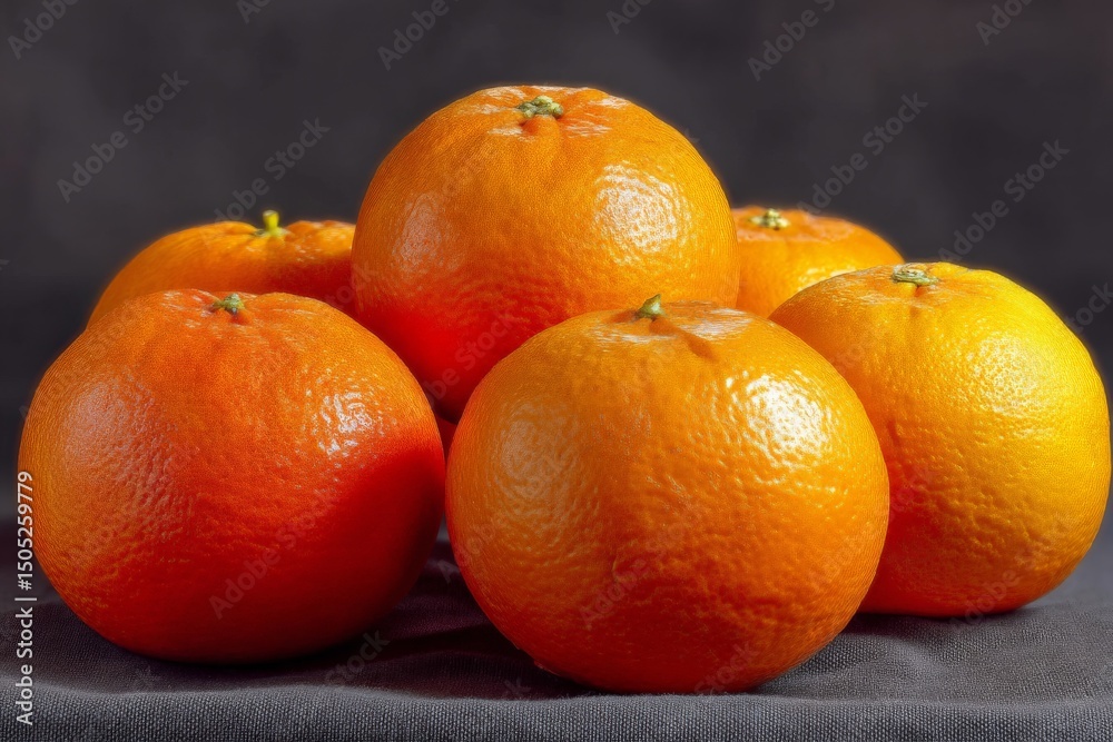 Poster Fresh oranges stacked in a visually appealing arrangement against a dark background