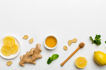 Natural cold and flu home remedies. Natural ingredients for immunity stimulation and viruses protection. top view flat lay