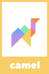 Tangram puzzle for kids. Artistic representation of a camel using colorful geometric shapes in a minimalist design. Educational card for children on a white background.