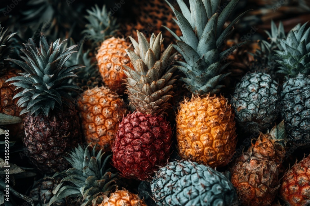 Poster pineapples in various colors arranged in a vibrant display at a tropical market
