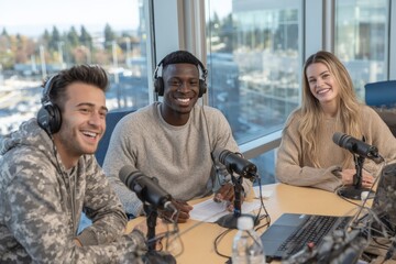 Three hosts engage in lively discussion at a podcast studio in autumn light with city views