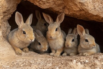 Six adorable baby rabbits huddle in a cozy burrow in the warm afternoon light