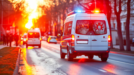 Obraz premium Emergency ambulance vehicle responding to a call on a city street during sunset
