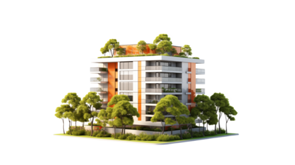 Modern Apartment Building with Green Rooftop and Trees on white and transparent Background