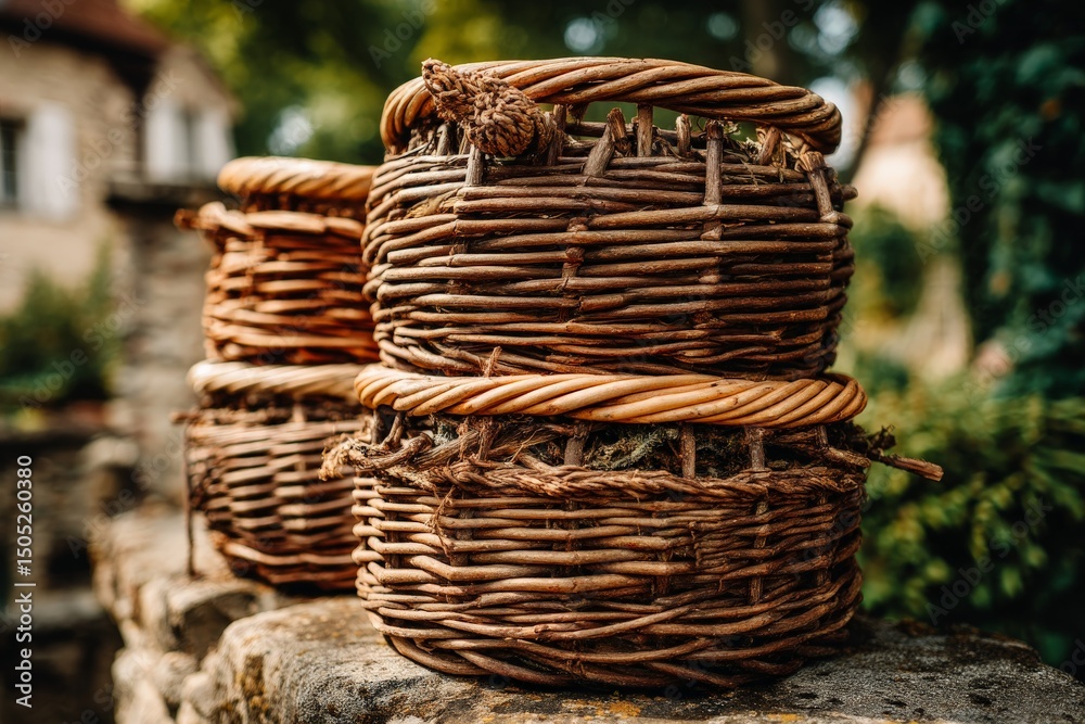Poster woven baskets rest on a stone ledge, showcasing craftsmanship and natural materials in a tranquil ga