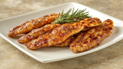 A stack of golden-brown bacon strips arranged on a white plate, with a sprig of rosemary as garnish, ready to serve.
