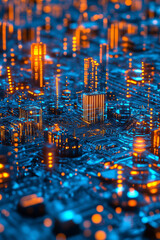 Futuristic Cyber Cityscape on a Circuit Board in Neon Blue and Orange