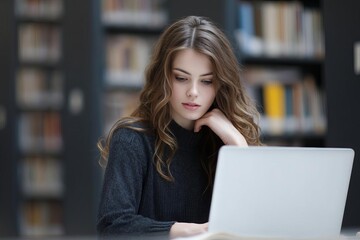 Fototapeta premium student in school library using laptop for research