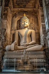 Obraz premium Magnificent, seated Buddha statue amidst intricately carved temple walls 