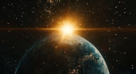 Obraz premium Sun Rising Over Earth. Abstract Astronomy Background with Bright Blue Glow