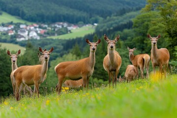 Fototapeta premium Group of deer grazing in a lush hillside meadow during daylight near a small village