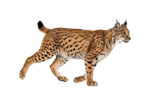 Lynx, with a spotted coat, is in a dynamic stance, against a  contrasting background of different colors.