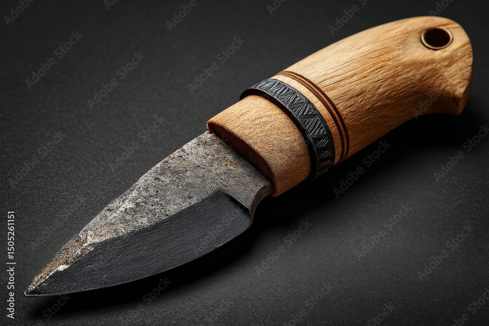 Poster craftsmanship displayed in a hand-forged knife with a wooden handle on a dark background