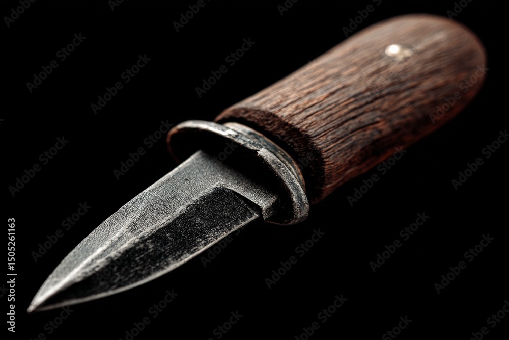 Poster craftsmanship displayed through a close-up of a handmade knife featuring a wooden handle and a steel