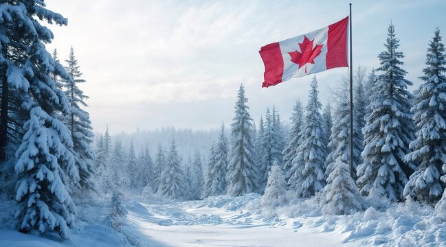 Canadian flag in wintery forest landscape with snow-covered trees. Independence Day of Canada. Canada Day - Powered by Adobe