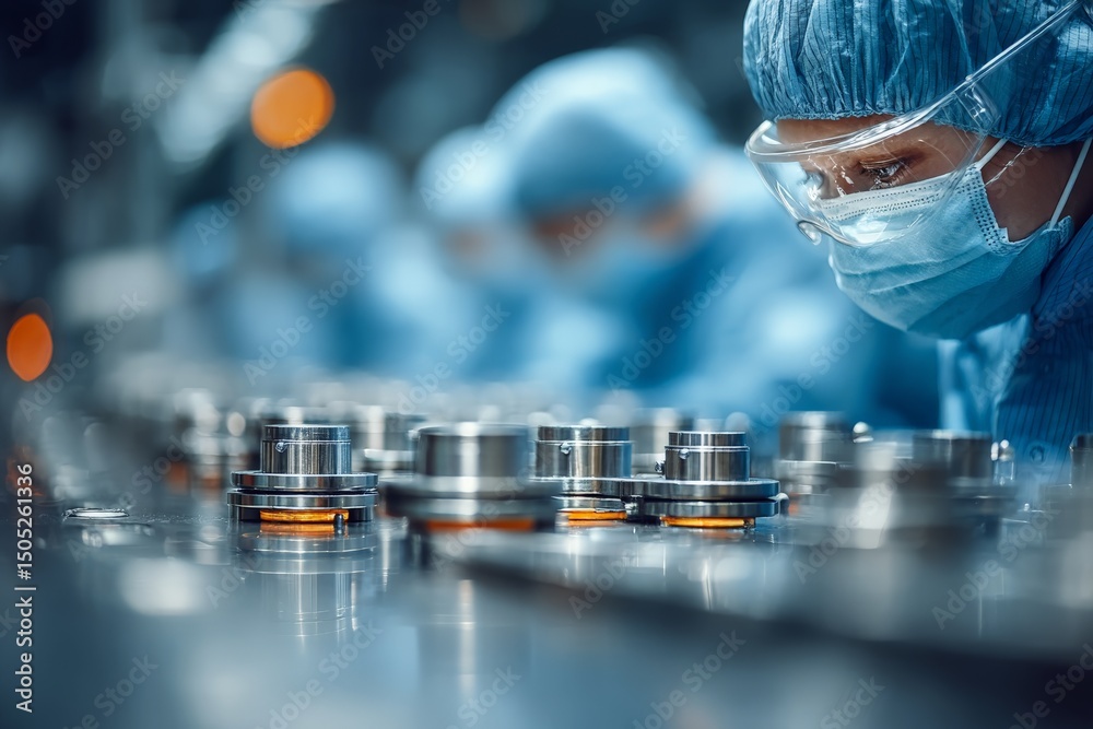 Poster workers in protective gear assemble precision components in a high-tech manufacturing facility durin