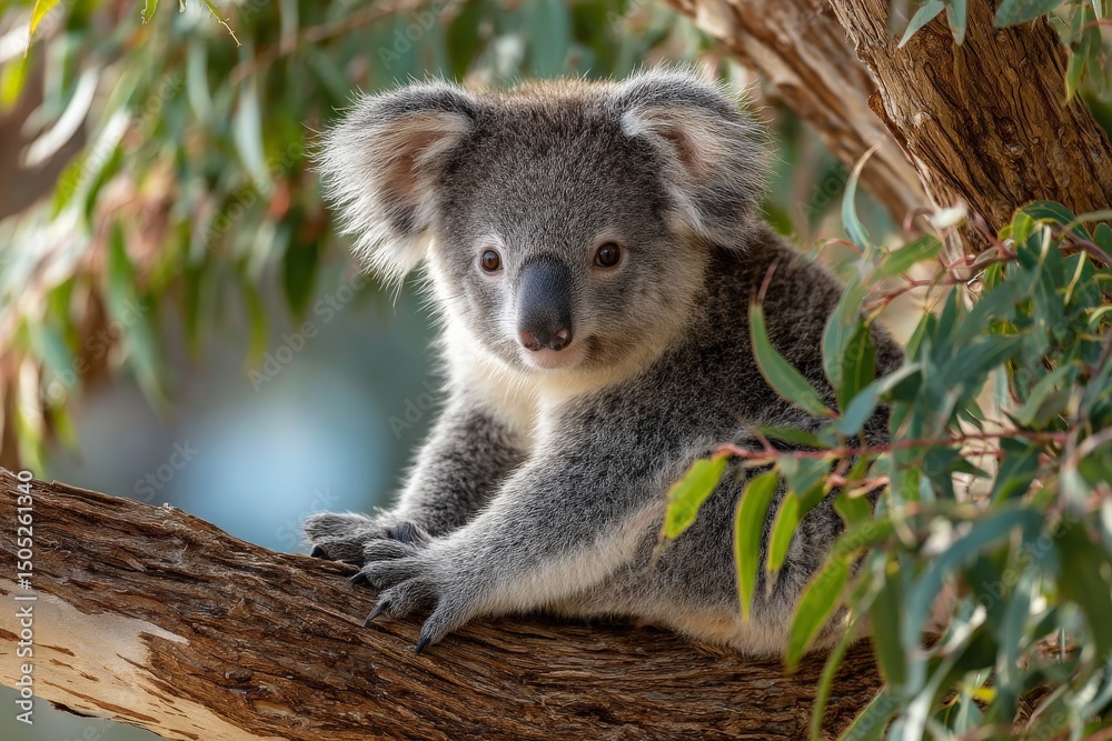 Poster Close-up of a koala resting on a tree branch in an Australian eucalyptus forest during daylight hours