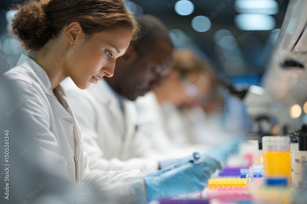 Poster Scientist conducting research in modern laboratory with colleagues engaging in various experiments