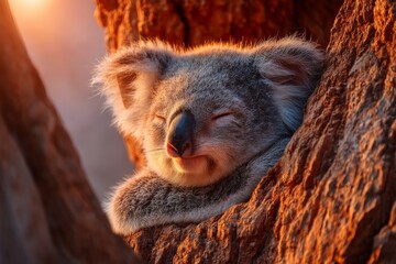 Obraz premium Koala resting peacefully in a eucalyptus tree during a warm sunset in the Australian bushland