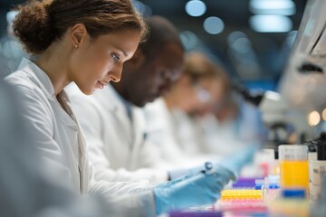 Scientist conducting research in modern laboratory with colleagues engaging in various experiments