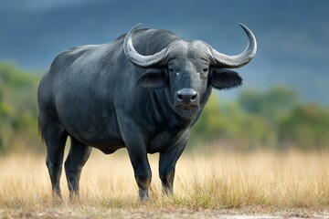 Fototapeta premium Buffalo grazing in expansive grassland during golden hour moments under serene skies