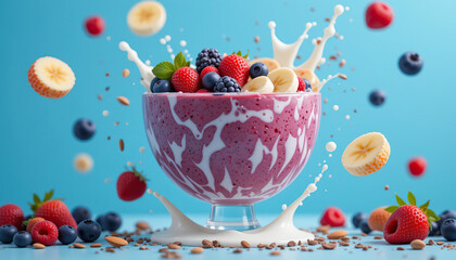 Fruit smoothie bowl floating in the air against a blue sky background, in high resolution, high detail showing a colourful mix of berries, sliced bananas, chia seeds