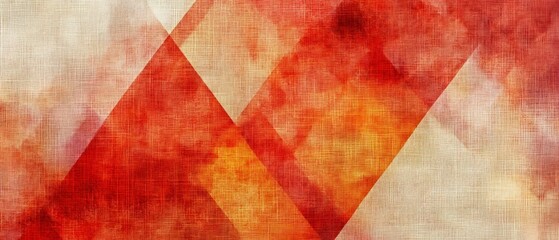 Abstract Red and Beige Watercolor Texture with Geometric Triangles on Linen Canvas Background