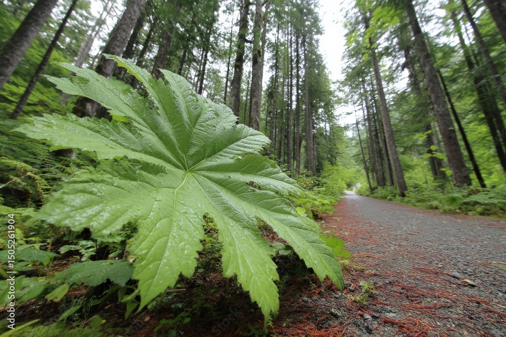 Poster Large green leaf in foreground along a winding path surrounded by tall trees in a lush forest on a rainy day