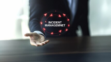 Business professional holding out hand with floating words incident management above, showing control and response strategy to security incidents