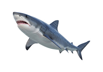 Digitally rendered image of a great white shark in mid-air, showcasing its formidable size and powerful jaws.  The shark's streamlined body and sharp teeth are emphasized.