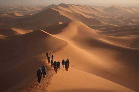 Adventurers trek across golden sand dunes during sunset in a vast desert landscape