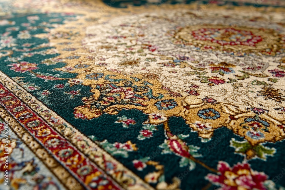 Poster elegant vintage carpet design highlighting intricate patterns and rich colors indoors