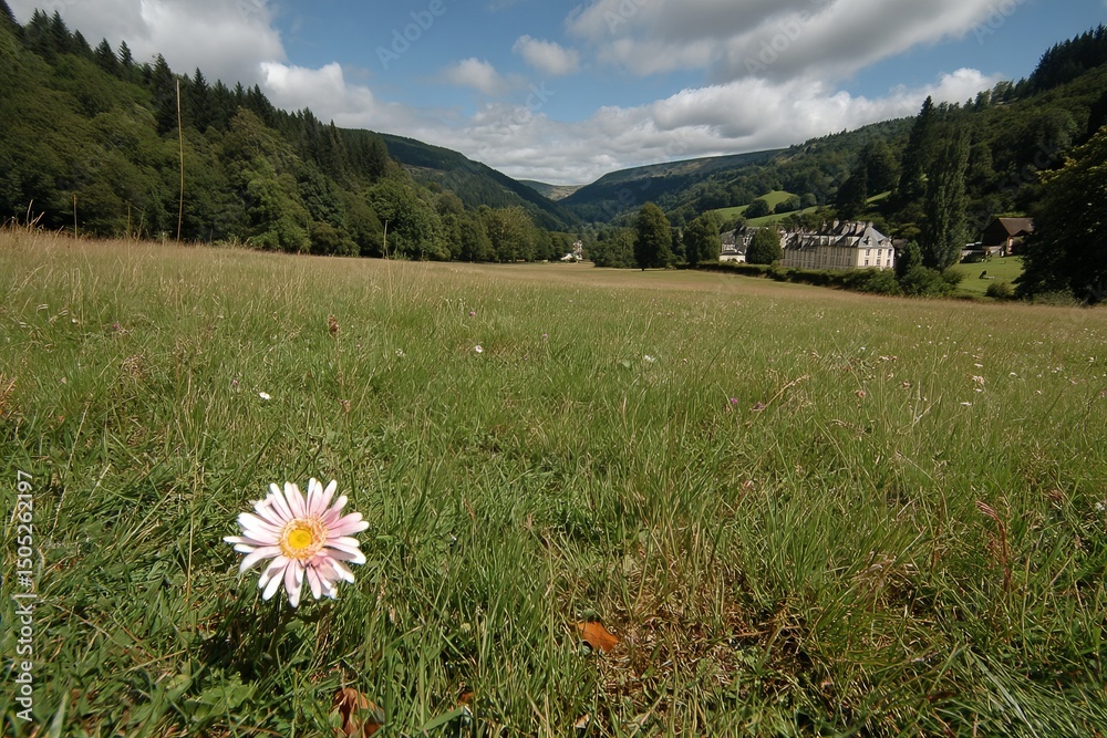 Aufkleber scenic view of a green valley with a single daisy blooming in the foreground and distant hills under