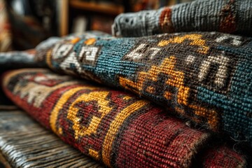Fototapeta premium Beautifully woven traditional rugs stacked on a wooden shelf in a local artisan shop showcasing rich colors and intricate patterns