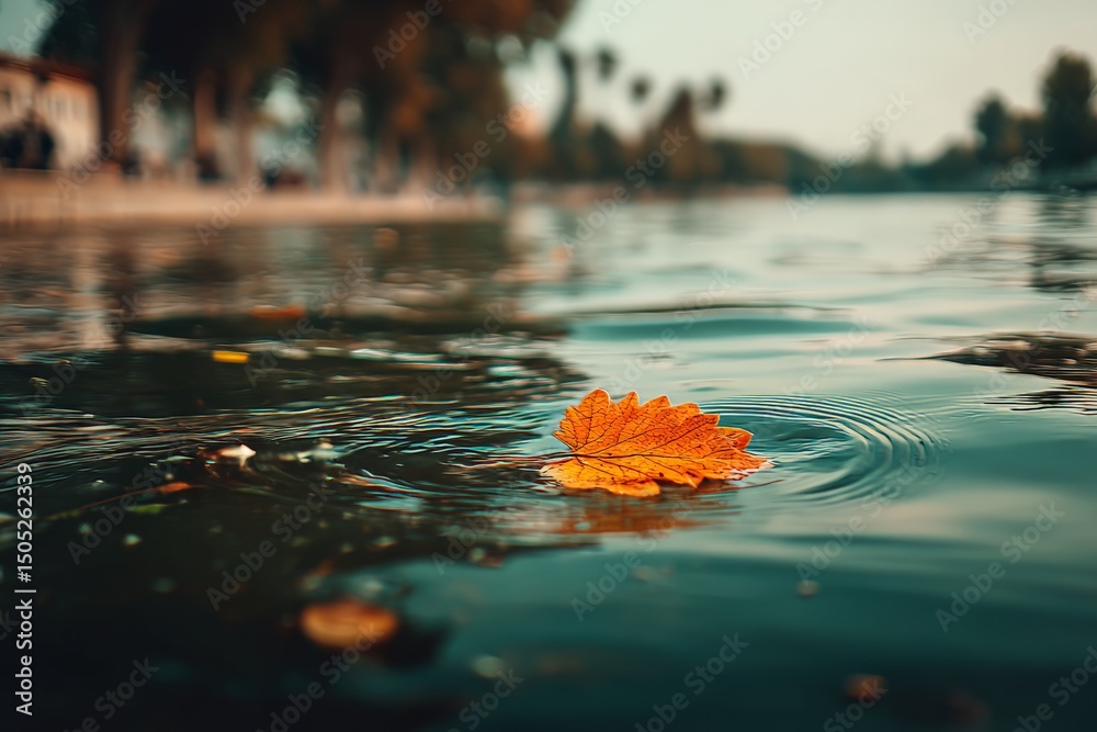 Poster Autumn leaf floating on calm water with reflections of trees in the background during sunset