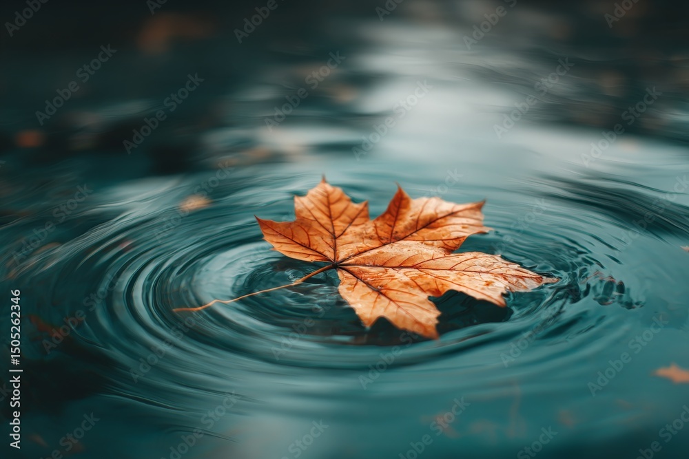 Poster Autumn leaf floats on a tranquil water surface creating ripples in a serene setting