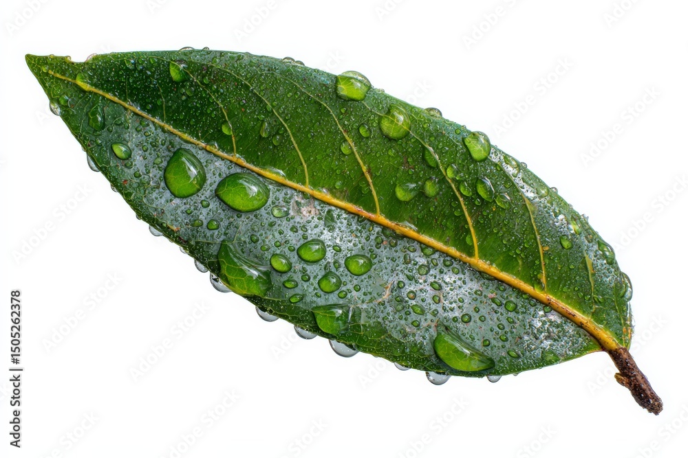 Poster close-up view of a fresh green leaf covered in water droplets with a smooth texture and vibrant colo