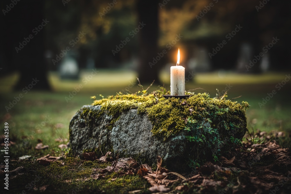 Poster candlelight on a moss-covered stone in a serene graveyard during twilight hours
