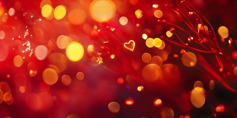 Red Bokeh Background with Luminous Golden Heart Light Effects