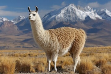 Fototapeta premium Llama standing gracefully in the high Andes under a clear blue sky during the day