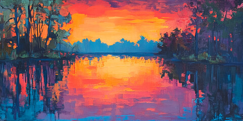 Vivid Sunset Colors Reflecting on Still Pond Tranquil Nature Scene