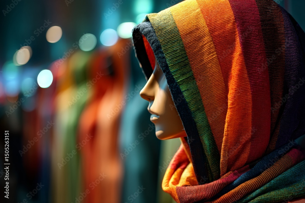 Poster colorful scarf displayed on mannequin in a retail setting with blurred garments in the background du