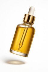 Naklejka premium Glass dropper bottle filled with golden liquid, featuring a white rubber top and shiny gold cap, on transparent background.