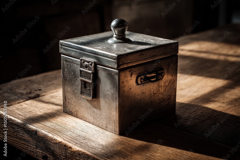 Poster vintage metal box creates a warm atmosphere in a rustic wooden setting with soft lighting coming thr