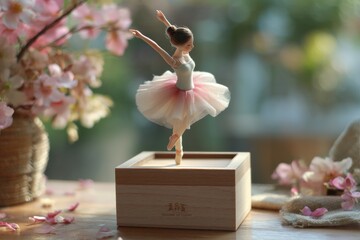 Ballet dancer figurine performing a graceful pose amidst cherry blossom decorations in a sunlit room