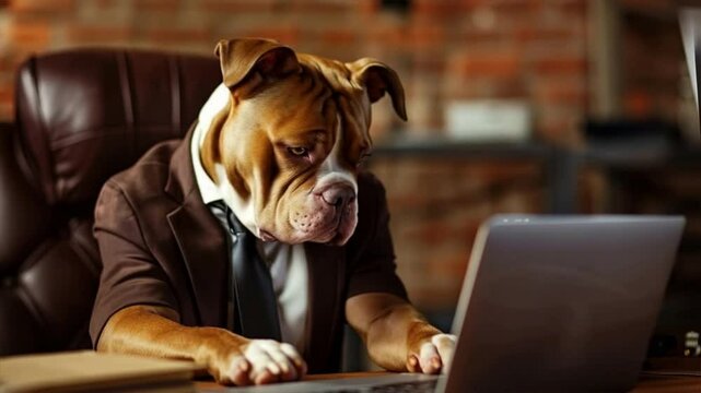 A Pitbull dog businessman working with a laptop in front of him