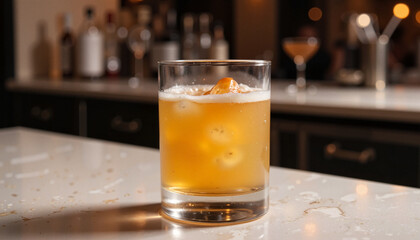 Elegant whiskey sour cocktail on marble countertop, evening sophistication