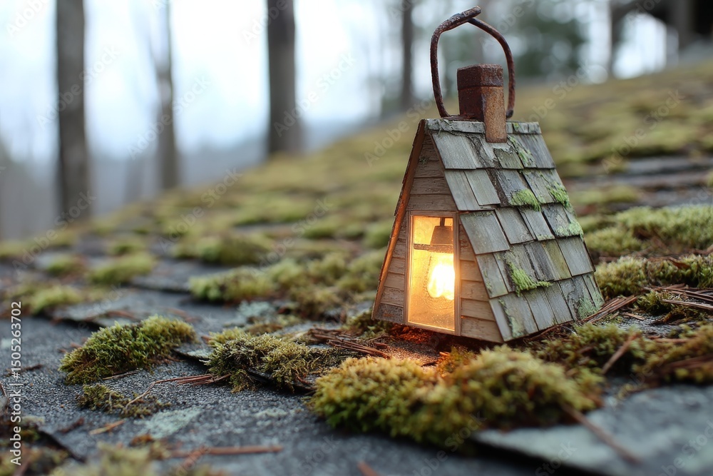Poster miniature lantern placed on mossy roof in a serene forest setting during twilight hours