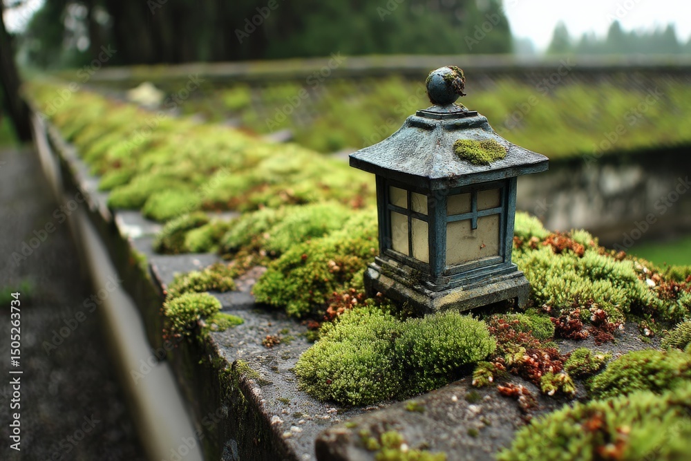 Poster old stone wall covered in moss with a small lantern in a serene garden setting during early morning 